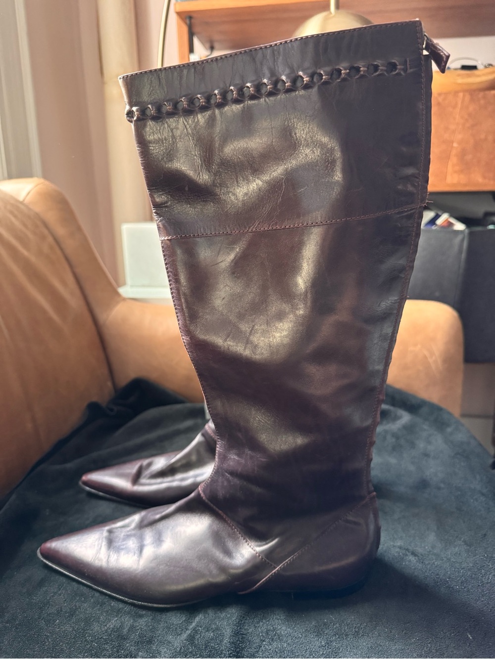 Alberta Ferretti Tall Leather knee high Boots deep purple maroon pointed toe